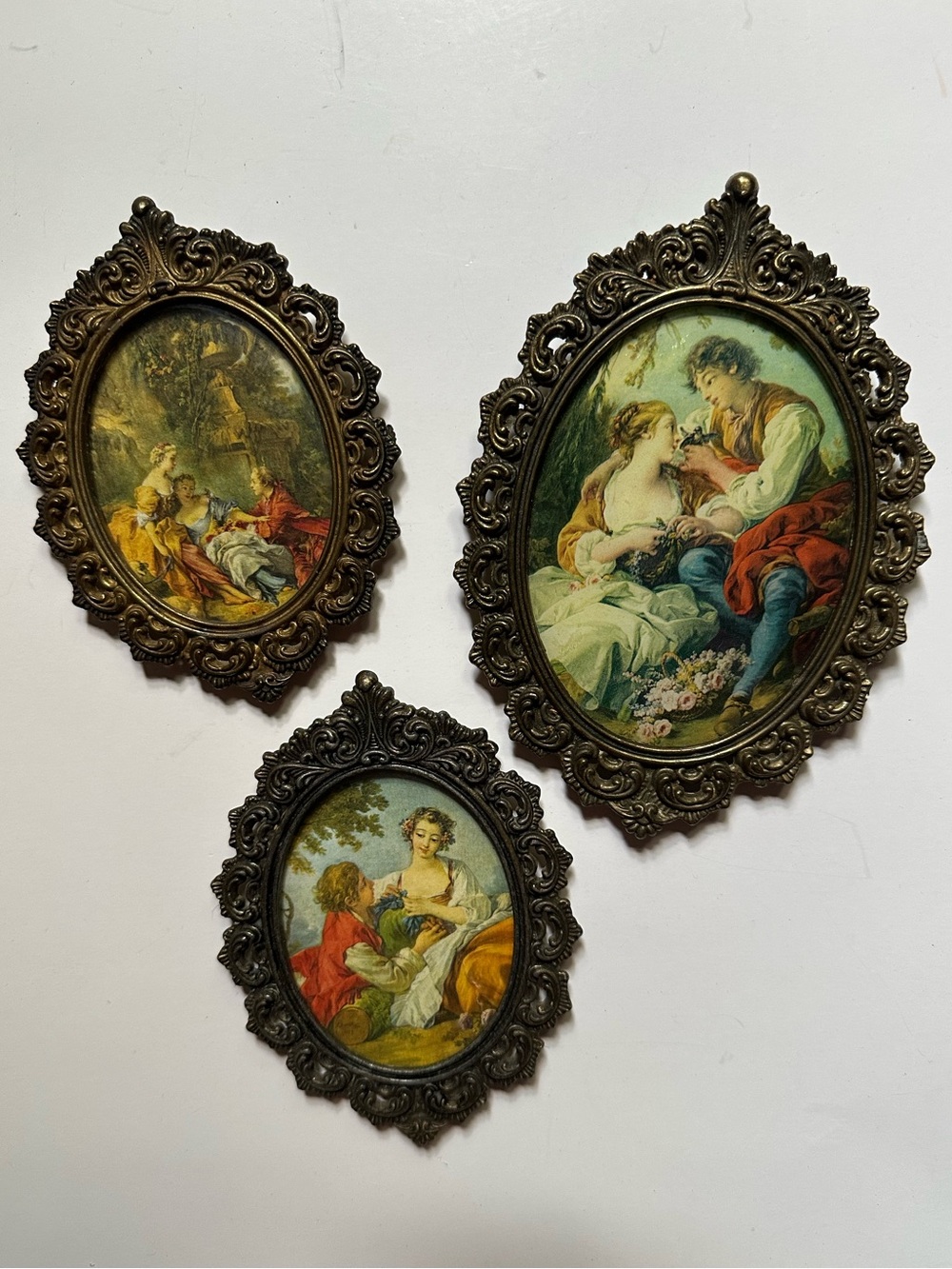 Set of 3 Brass Frames Made In Italy Victorian Courting Scenes Mid Century